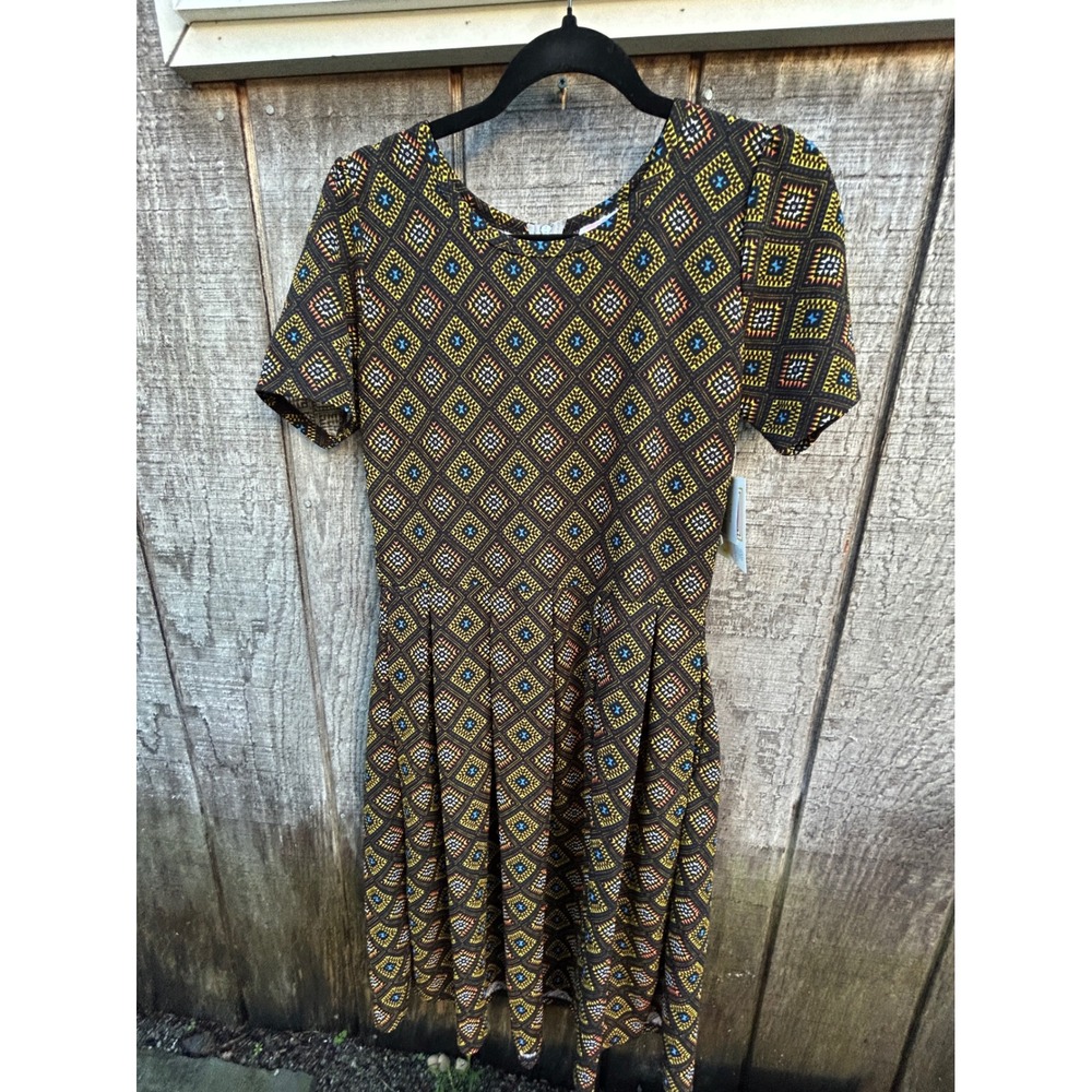 LuLaRoe Amelia Dress Knit Fit Flare Exposed Zipper Geometric Mod Boho L NWT